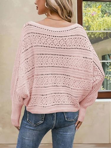Image of Cakulo Womens Off Shoulder Crochet Sweater Top 2025 Fall Fashion Batwing Long Sleeve Sweaters Outfits White Bow Pink XL