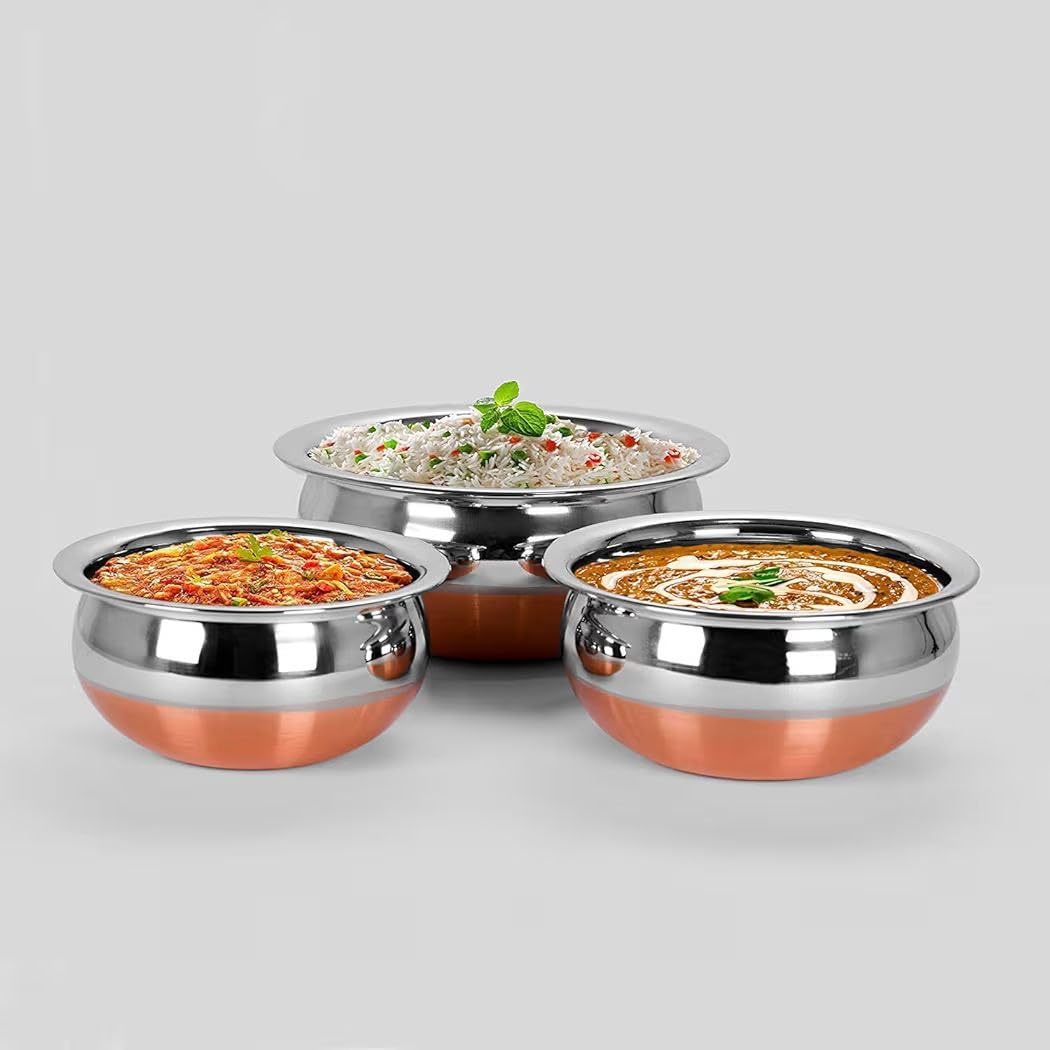3 Pcs Copper Handi Set | Stainless Steel Inside, Copper Outside | Traditional Indian Cook & Serve Utensil | Ideal for Biryani, Curry, Dal & Gravy | Elegant Kitchen & Dining Serveware (3) 3 Pcs Copper Handi Set | Stainless Steel Inside, Copper Outside | Traditional Indian Cook & Serve Utensil | Ideal for Biryani, Curry, Dal & Gravy | Elegant Kitchen & Dining Serveware (3)