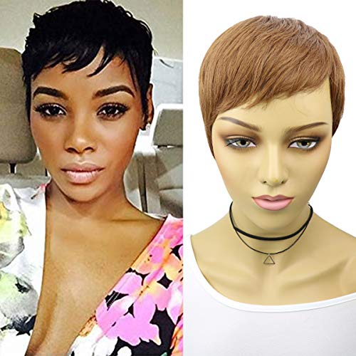 VRZ Short Curly Human Hair Wigs pixie Cut Summer Short Hair Wigs for Women Black Color (Short Pixie 33#)