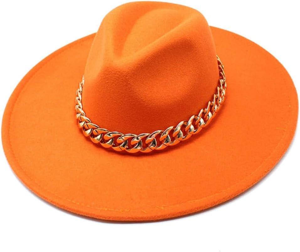 Western Style Fedora Hat, Black with Gold Chain Band, Wide Brim