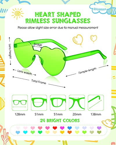 24 Pairs Kids Heart Shaped Sunglasses Rimless Transparent Candy Color Eyewear Vintage Rainbow Sunglasses Bulk Heart Glasses for Age 5-12 Kids Children Girl Boy Birthday Cosplay Party Favor, 24 Colors2