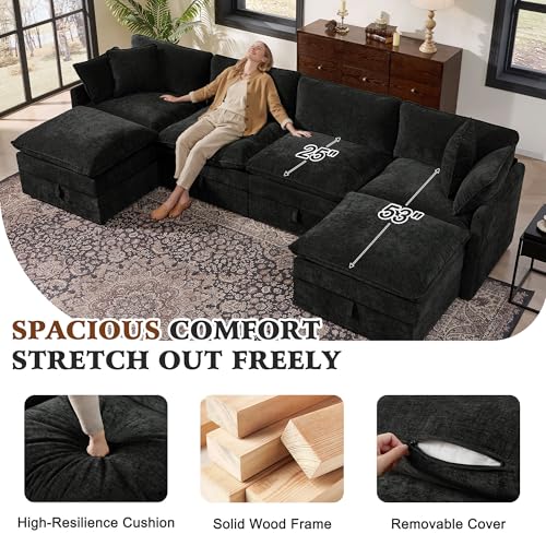 Image of Ihanherry 135 inch Modular Sectional Sofa with Storage, U Shaped Cloud Couch with Movable Ottomans & 4 Pillows, Chenille Deep Seat Sectional Couches for Living Room, Apartment (Black)
