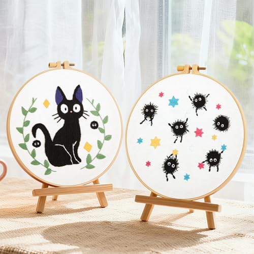 Image of Cat Embroidery Starter Kit for Beginners Adults, Animal Stamped Cross Stitch Kit for Adult Beginner, Hand Embroidery Needlepoint Kits, 2 Set Embroidery Supply, 2 Hoops (Attached Video Tutorial)