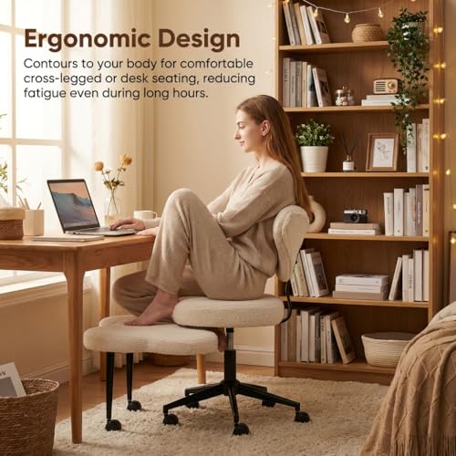 Image of Pinmoco White Teddy Cross Leg Chair - Plush Cozy Meditation Chair, Home Office Desk Seat with Wheels, Modern Scandinavian Style, Comfortable & Soft for Adults