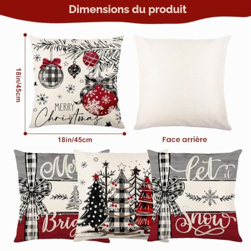 Lot de 4 Housses Coussin Noel, Rouge et Grise Housse de Coussin Noël 45x45 Cm, Lin Housse Coussin Noel à Nœud Papillon Motif pour Chambre, Canapé, Chaise, Voiture, Lit, Decoration Interieur Maison – vue 3
