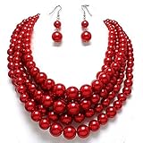 Statement Beaded Layered Strands Glitter Red Simulated-Pearl Beads Silver Chain Necklace Earrings Set Gift