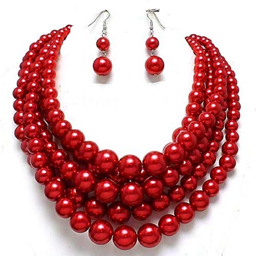Chunky Layered Strands Shimmery Red Acrylic Simulated-Pearl Bead Silver Chain Necklace Earring Jewelry Set Gift