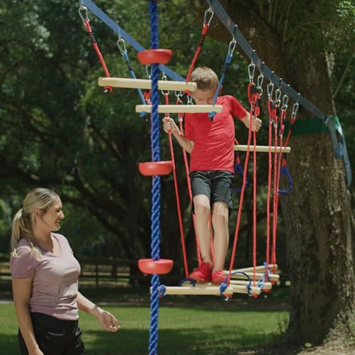 Image of Double Ninja Slackline Obstacle Course | 80 Ft | Ninja Warrior Obstacle Course Accessories | Monkey Bars | Climbing Rope | Ninja Rings | Trapeze Swing Bar | Rickety Bridge Edition -Patent Double Line