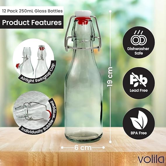 Image of Clear Glass Bottles with Airtight Swing Top Lids - Leakproof Reusable Glass Jars for Juice, Oil, Water, Milk, Kombucha, Vinegar, Beverages - Round, Pack of 6