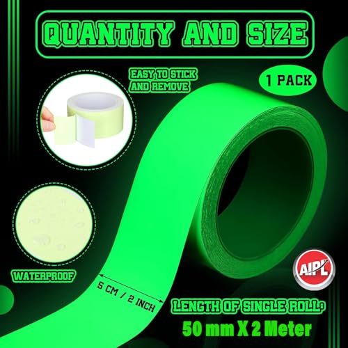 Image of AIPL Glow in The Dark Tape, 50MM x 6.56 Feet, Bright Green Luminous Safety Tape for Night Decoration, Stage Marking, Stair Visibility, Emergency Path, Exit Signs
