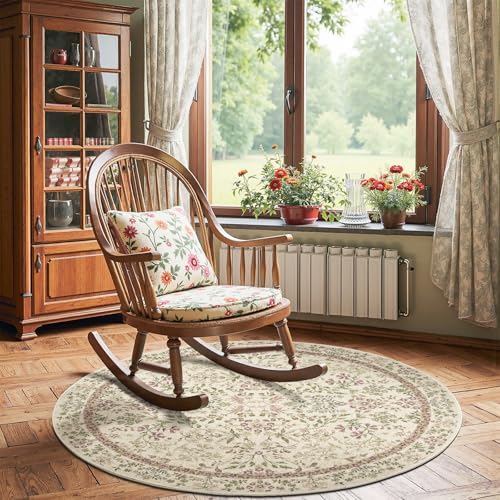 jinchan 5ft Washable Round Area Rug, Soft Floral Non-Slip, Pastoral Green