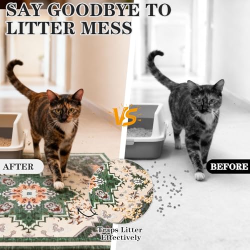Image of EXPAWLORER Cat Litter Mat, 20 inchx32 inch Small Non-Slip Urine Waterproof Litter Trapping Mat Easy to Clean Washable Litter Box Mat for Floor Soft on Kitty Paws, Indoor Food Mats Rug Pads for Bathroom Green