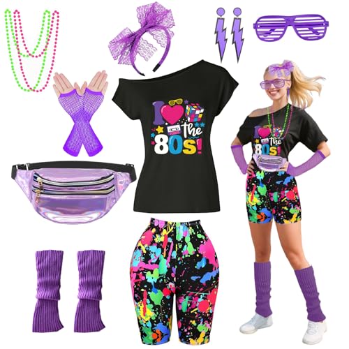 80s Outfit Women Costume Accessories Set T Shirt Shorts Tutu