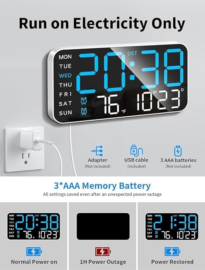 Image of 9 inch LED Digital Wall Clock with Date, Day, Temperature Display & Dual Alarm - USB Powered, Adjustable Brightness - Ideal for Bedroom, Office, Seniors, Home Decor (9 inch REC Blue+White)