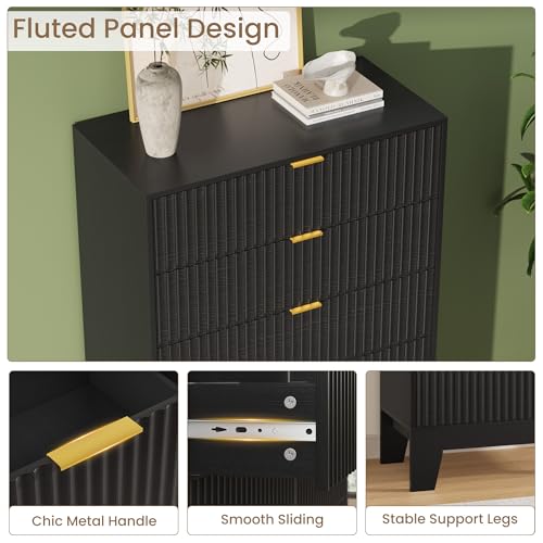 Image of Garvee 5 Drawer Dresser for Bedroom, 47 inch Tall Fluted Chest of Drawers with Metal Handle, Modern Wooden Dresser TV Stand, Clothes Storage Organizer Wood Closet for Hallway, Entryway, Black