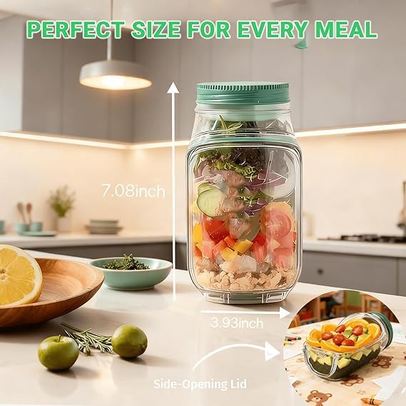 Image of Salad Pod Mason Jar with Side Opening Lid | Leakproof Vertical Layering Lunch Container with Built-in Dressing Compartment | Reusable Portable Salad Box for Office, Travel & Meal Prep (Pack of 1)
