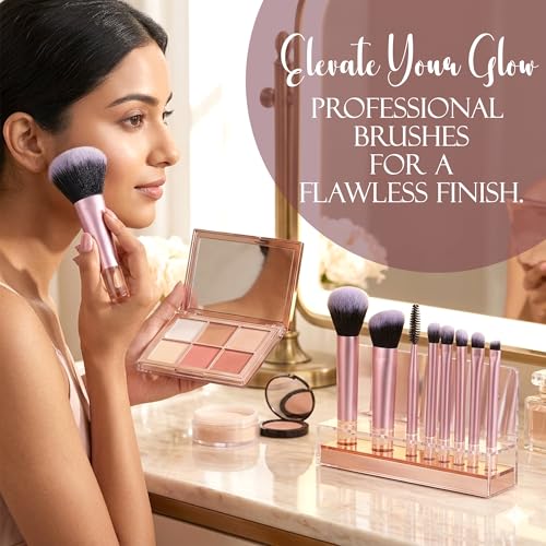 Image of GLUN 10in1 Diff Use Mini Makeup Brush Set, Travel Transparent Pink Professional Brushes for Foundation, Concealer, Blush, Highlighter & Eye Makeup