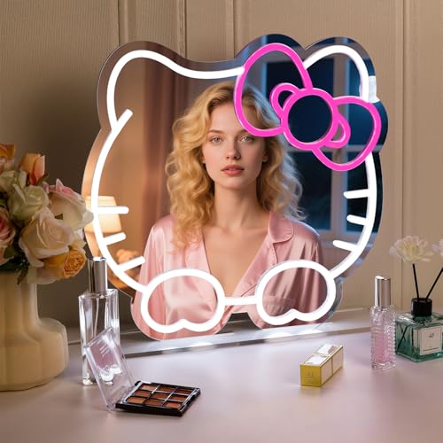 Image of Hello Kit Vanity Mirror with Lights, Pink Room Decor for Girls, Neon Sign Led Wall Mirror with Base Suitable for Desktops, Wall, Bedrooms Decor, Children'S Favorite Anime Neon Mirrors with Dimmable