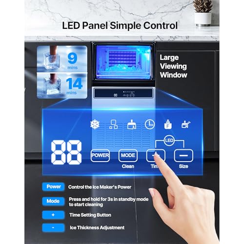 Commercial Ice Maker Machine, 130Lbs/24H with 33Lbs Storage, 45 Cubes per Cycle, Stainless Steel Freestanding & Under Counter Ice Machine with LED Display & Self-Cleaning, Ideal for Home