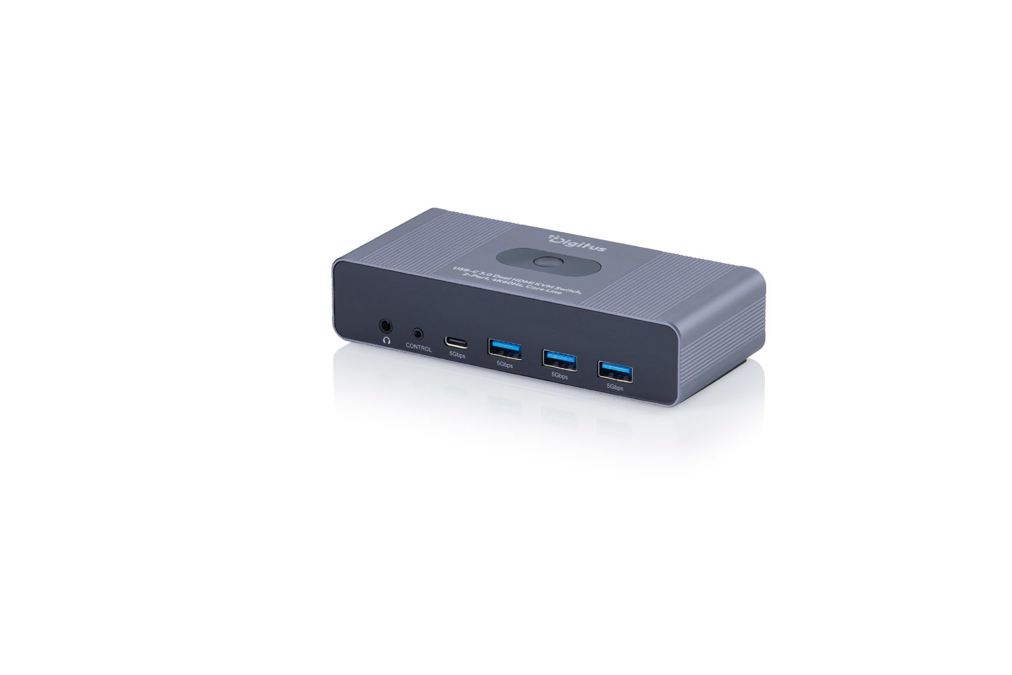 DIGITUS USB-C KVM-Switch – 2 PC 2 Monitore – 3X USB-A, 1x Typ-C 5 Gbit/s | 2x HDMI 2.0 UltraHD 4K 60Hz pro System – 3,5 mm Klinke – Kabelgebundene Fernbedienung – Grau