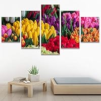 SIGNWIN 5 Panel Canvas Wall Art Modern Art Bouquet Colorful Cool Floral Group Multicolor Photography Realism Romantics for Home Decorations Ready to Hang - 60