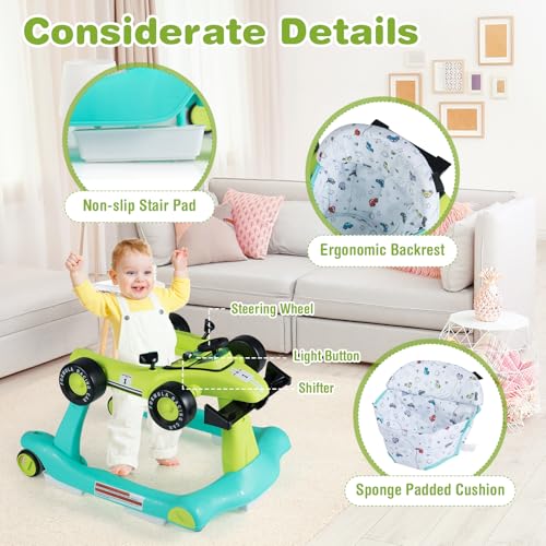 Image of GLACER Foldable Baby Walker, 4-in-1 Infant Walker with Adjustable Height & Speed, Music, Light, Steering Wheel & Washable Cushion, Baby Walker Activity Center for Boys Girls 6 -18 Months (Green)