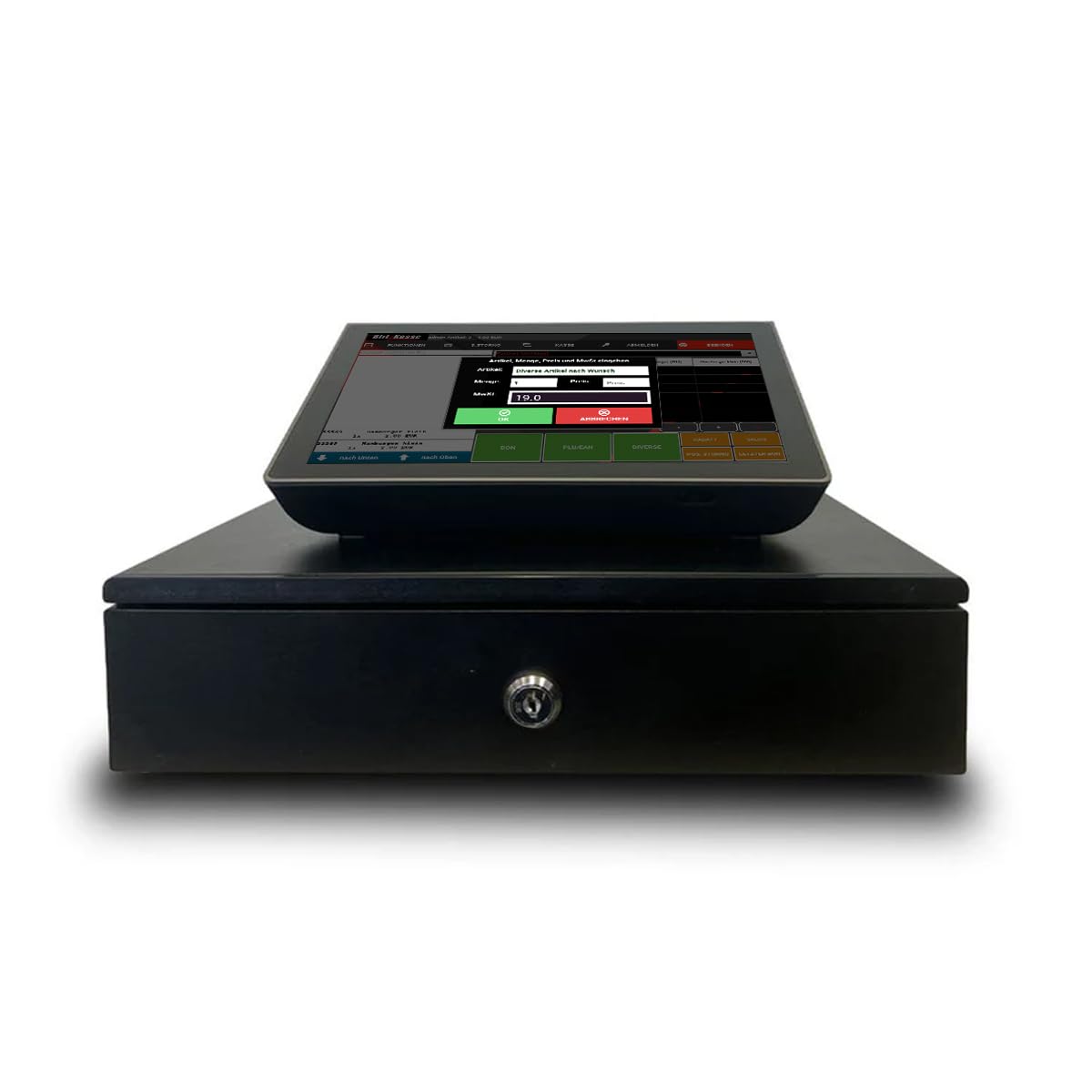 10" All-in-One Kassensystem für Einzelhandel & Schnellgastronomie – POS Kasse mit Bondrucker, Kassenschublade & Kundendisplay – ohne monatliche Gebühren – TSE-konform – BLITZKASSE LADEN BASIC