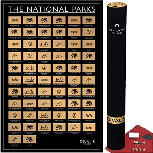 Scratch off USA National Park Poster - All 62 US National Parks Scratch off Map - Easy to Frame United States of America NP Checklist Map - Scratchable Print - Travel Tracker - Large Black and Gold Wall Poster - National Park Scratch off Map