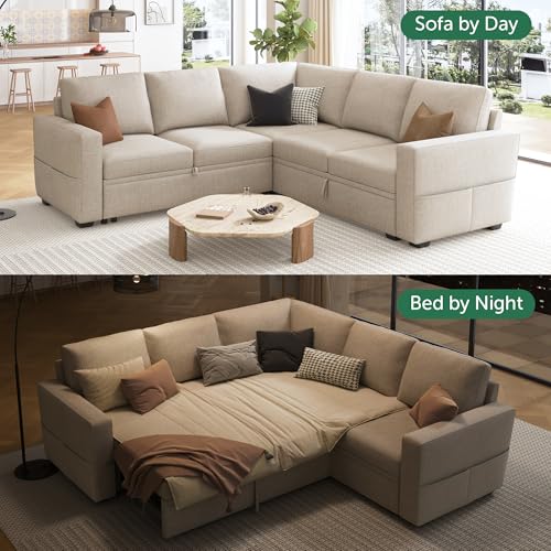 Image of HONBAY Modular Sectional Sleeper Sofa with Pull Out Bed, L Shaped Couch with Storage Seat, Convertible Sectional Couches for Living Room, Beige