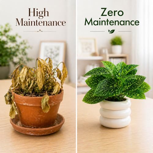 Image of Set of 2 Artificial Plants with Ceramic Pots for Home Decor - Faux Greenery Decor for Small Spaces, Bathroom, Table Top - Realistic Plastic Mini Plants for Gifting & Office Decoration