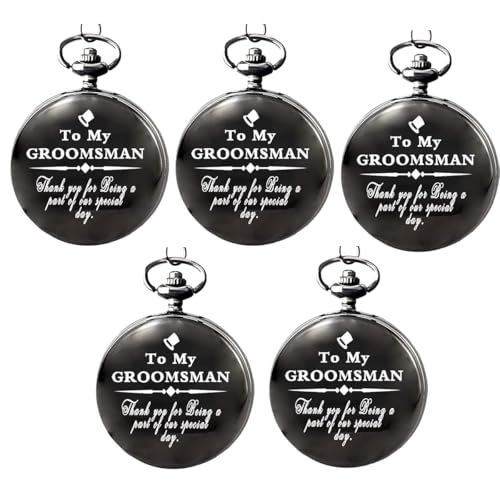 Udaney Set of 5 to My Groomsman Engraved Pocket Watches - Bulk Wedding Thank You Gifts for Groomsmen - Vintage Quartz Timepieces with Fob Chains - Best Man & Grooms Party Keepsakes - 5-Pack