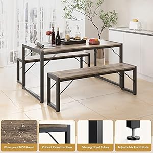 Gizoon 455 dining table set for 4 kitchen table set with 2 benches dining room table set with metal frame mdf board space saving dinette for kitchen dining room grey  urban country home decor