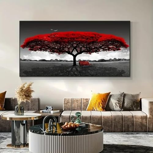 Peinture abstraite d'arbre rouge grand format 50x100cm avec cadre intégré