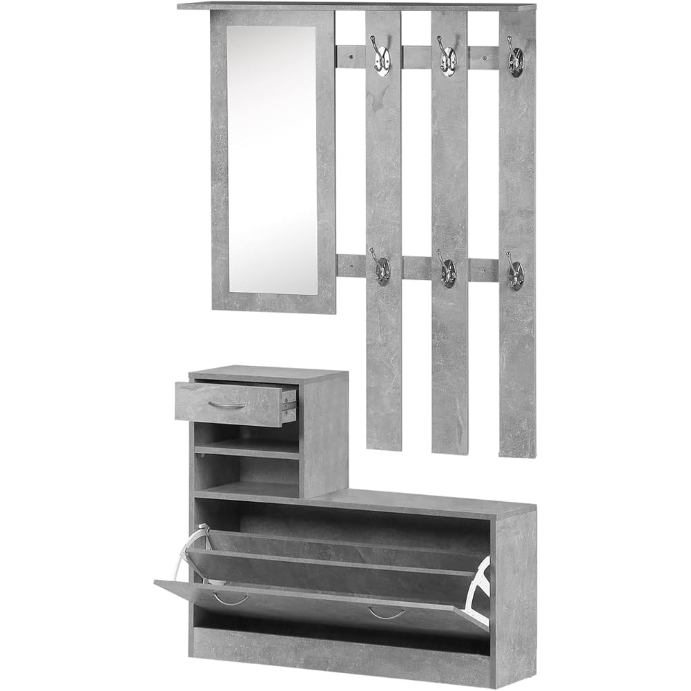 BAKAJI Set Mobili Ingresso Design Moderno con Scarpiera Panca Cassetto Specchio Rettangolare e Appendiabiti Attaccapanni 6 Ganci da Parete Casa Design Moderno in Legno (Grigio)