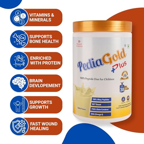 Image of PediaGold Plus Peptide Diet for 2-14 Years Children | Vanilla-1Kg | No Refined Sugar | 38 Vital Nutrients | East to Digest Protein | Eye-Immunity-Height-Brain Health | Nutritional Supplement for Kids