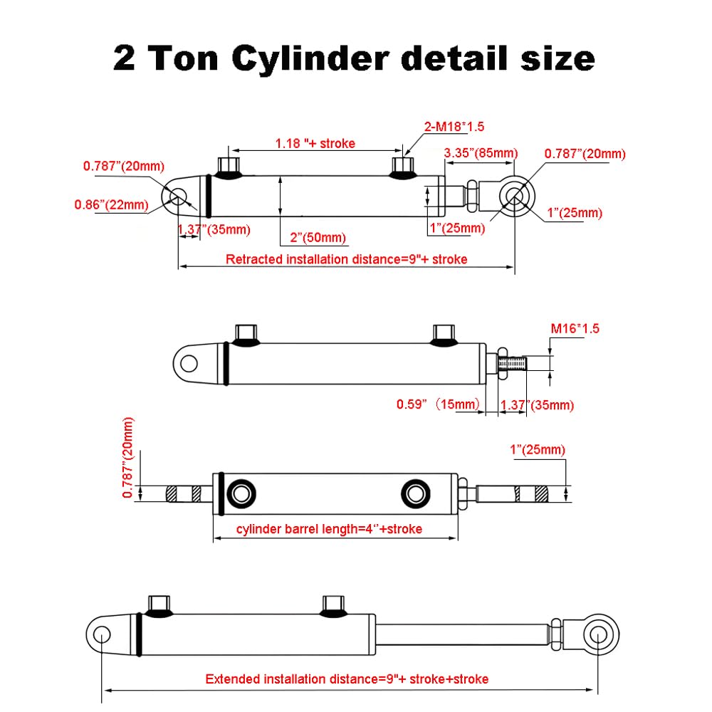 2 Ton Hydraulic Cylinder - 1.5" Bore, 12" Stroke -6