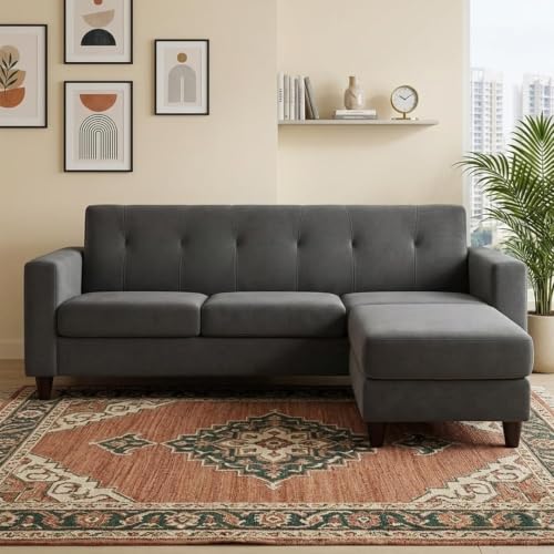 Image of Homeboy 4 Seater L Shape Sofa Set with Movable Ottoman | Flexible Left or Right Layout | Luxe Velvet Suede Fabric | Comfortable Seating | Modern Sofa for Living Room -Dark Grey Color