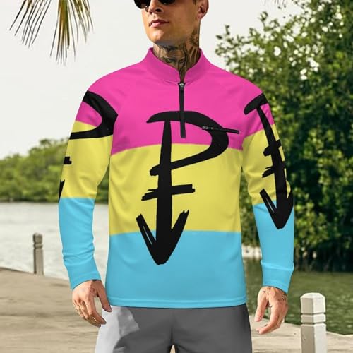Pansexual Flag with P Men's Rash Guard Long Sleeves Quick Dry Fishing Workout Shirts with Zipper2