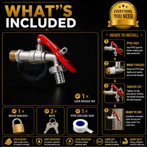 Image of BATH GURU 1 /2 Inch Mini Lock Nozzle Tap | Brass Lockable Garden & Outdoor Water Faucet with Lock System | Heavy-Duty Washing Machine & Hose Bib Tap | Brass Body Metal Red Handle Pack of 1