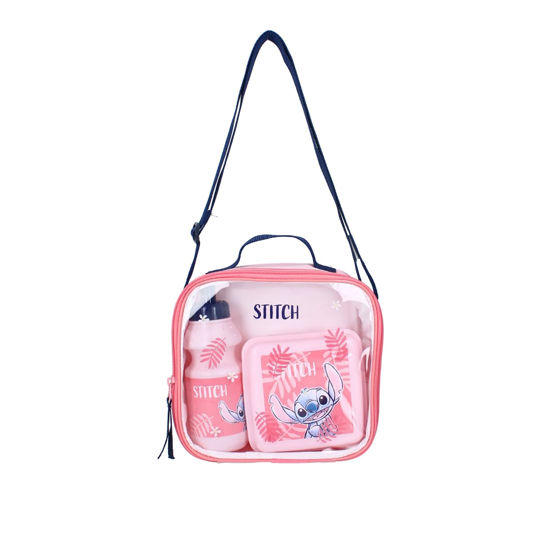 mybagstory - Sac Lunch pour fille avec boite a gouter et gourde rose stitch - Enfant - Ecole - Maternelle -Garderie - Crèche - Lunch fille - Taille 22 cm - Bretelles réglables