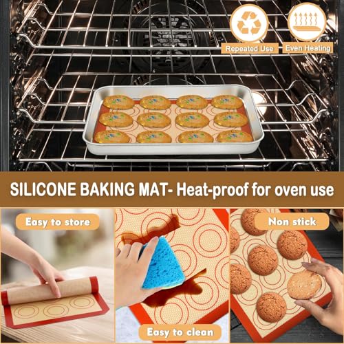 Mini Toaster Oven Pan with Rack & Mat Set, P&P CHEF 9 Inch Stainless Steel Small Toaster Oven Tray with Wire Rack & Silicone Mat for Small Oven & One Person Use, Easy to Clean & Sturdy, 3Pcs, Oblong
