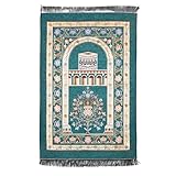 Halbur Gebetsteppich, Islam Gebetsteppich, Islam Muslim Seccade Ramadan Geschenke Für Frauen Männer, Architektur Kaaba Stickerei mit Fransen, Muster mit gewölbter Tür und Blumen, Blau