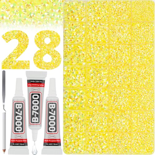 36000Pcs Yellow Rhinestones for Bedazzling Mix Sizes 2-6mm Flatback Gems Bedazzler Kit with B7000 Glue Flat Back Resin Diamond Crystal Jewel Rhine Stone Gemstone for Crafts Clothing