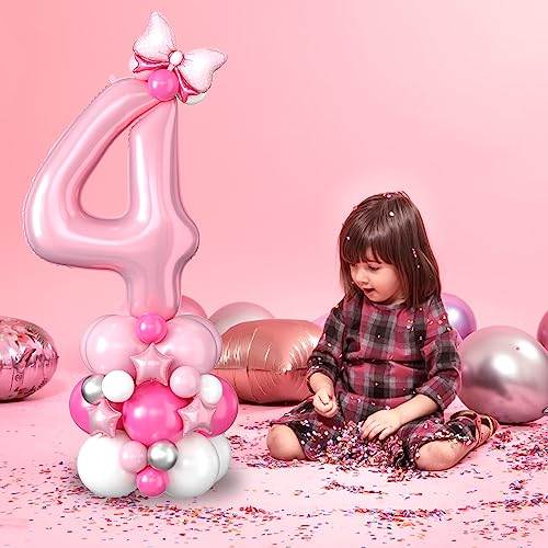 Image of 40 Inch Pink Number 4 Balloon Tower 4th Birthday Decorations for Girls | Large Pastel Baby Hot Pink White Number Four Foil Balloons Stack Set 4 Years Old Princess Fourth Birthday Party Decorations