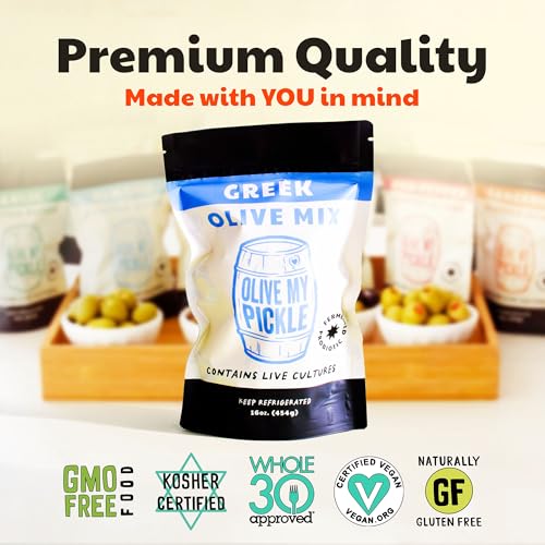 Olive My Pickle Probiotic Greek Olives Mixed - 96 oz | 6 Pack of Live Culture Greek Mixed Olives with Kalamata Olives for Gut Health | Olive Mix Perfect Snack for Paleo, Keto - 16oz per bag