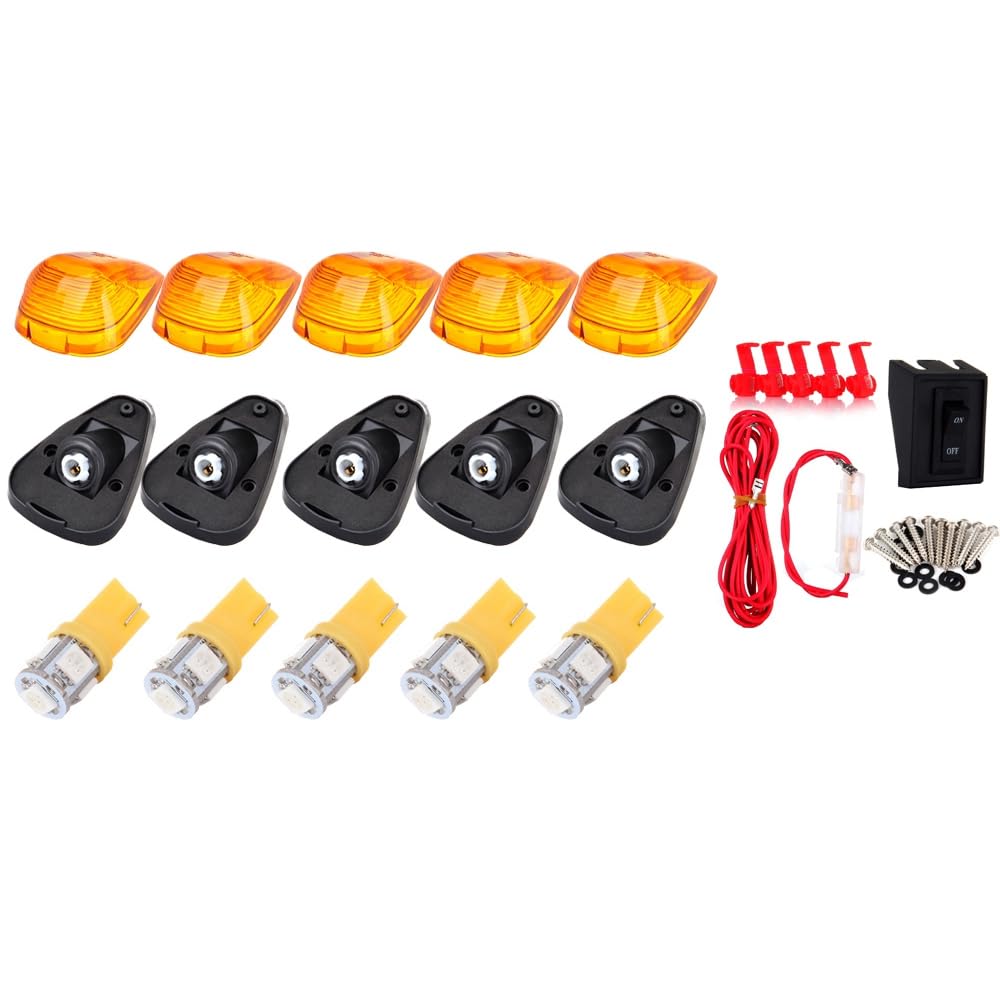 cciyu 5x Cab Marker Light Assembly Amber Top Roof Running Len w/Wiring Pack T10 5-5050-SMD Yellow LED Bulbs Cab Marker Assembly fit for 1999-2016 For Ford F250 F350 F450