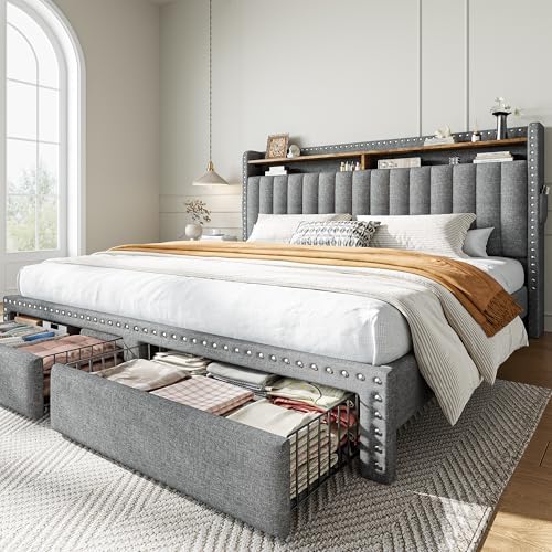 EnHomeeKing Size Bed Frame with 2 Drawers & 2-Tier Storage Headboard Shelf | 2 side pockets, Under-Bed space, Fabric upholstered, 1000lbs for bedroom apartment, Noise-Free, Easy Assembly, Grey