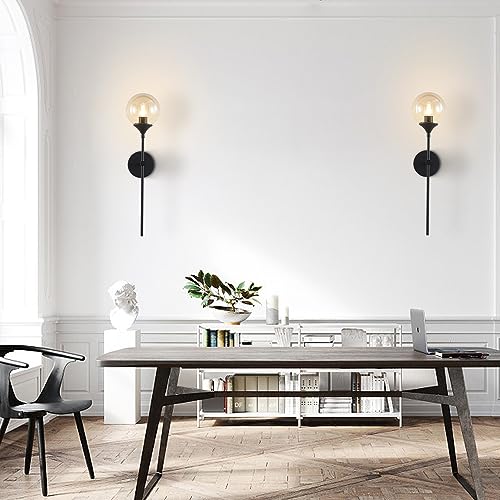 Image of KCO Lighting Mid Century Modern 1-Light Wall Sconce Lighting Set of Two Matte Black Globe Vanity Wall Light Fixture Set of 2 Amber Glass Bathroom Wall Lamp Industrial Long Pole Wall Sconce