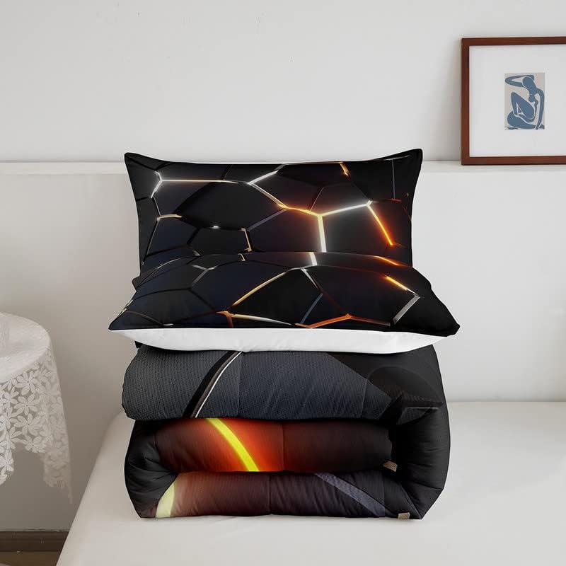 Miniatura 5 de Juego de ropa de cama de panal hexagonal negro y naranja para niños y niñas, edredón geométrico de colmena, decoración suave, juego de edredón