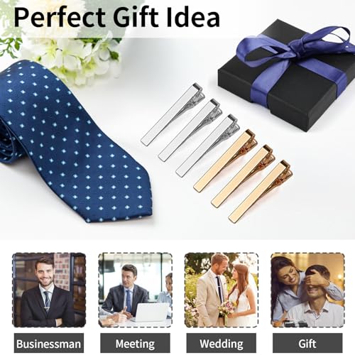 Image of MOWPOG 6 Pcs Tie Clips for Men, Tie Bar Pins Tacks with Gift Box | Copper, Shiny & Glossy, for Father, Husband, Boyfriend, Business, Wedding, Suit Accessories, Easy to Open, Won't Fade /Scratch